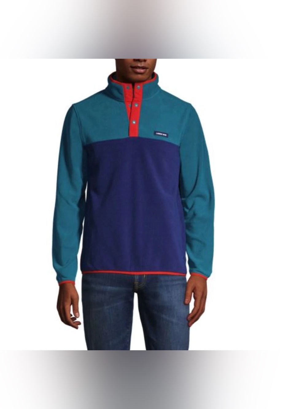 Lands' End Men's Fleece Snap Neck Pullover, Navy/Dark Peacock Colorblock Medium